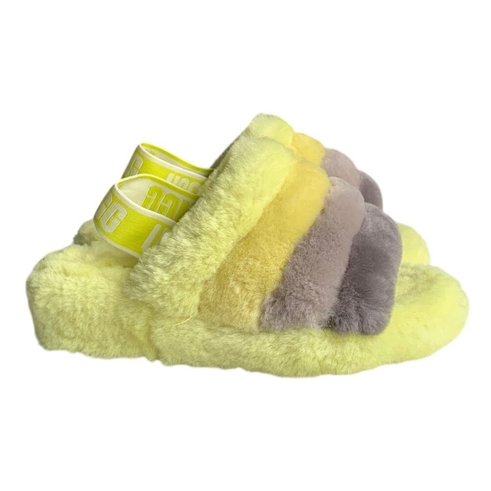 UGG Fluff Yeah Slide Platform Sandals Womens 6 Yellow Striped Open Toe Cozy Fur
